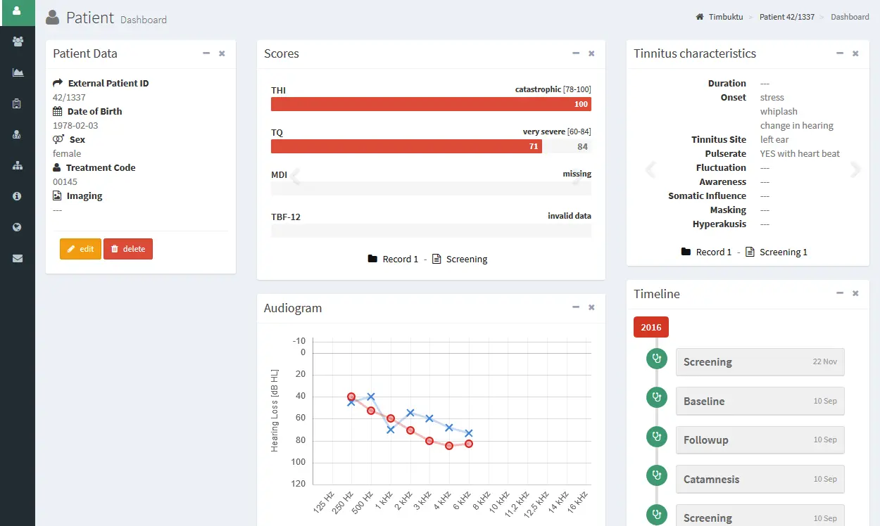 Screenshot of an early version of the Tinnitus Database.